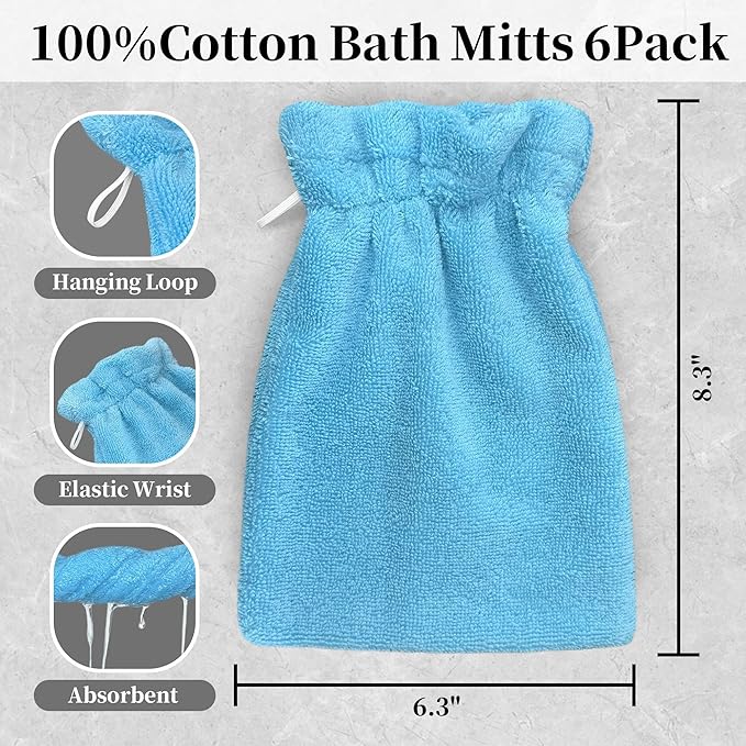 VOOVA & MOVAS Washcloths for Showering 6PC, 8.3x6.3 Inch,100% Cotton Soft Absorbent Bath Mitt with Hanging Loop, European Style Wash Cloths for Body Shower & Bath, Blue