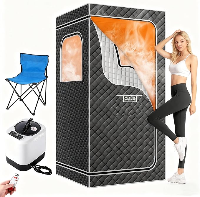 Garvee Sauna Box,Portable Sauna for Home with 4L 1500W Steamer,Explosion Zroof Zip,99 Mins Timer,Sauna Tent with 600D Encrypted Fibre, Easy Setup Quick Heat-Up Foldable Sauna for Home Spa（Grey）