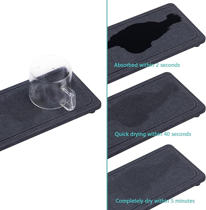 NiuYichee 2 Pcs Water Absorbing Stone Trays, Kitchen/Bathroom Sink Soap Dish, Diatomite Tray Used for Hand Soap & Cosmetic Bottles in The Modern Home, 4" W x 10.2" L, Dark Gray