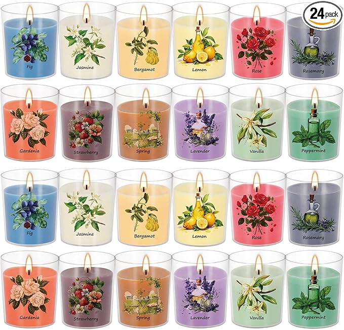 Aromatherapy Candles Set - 24 Pack Scented Candles with 12 Natural Fragrances, Votive Candles in Clear Plastic Jars for Home Decor, Stress Relief, Sleep, Ideal Gift for Women,Mother's Day, Birthday.