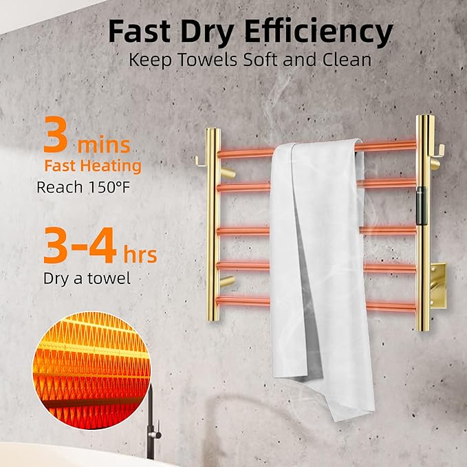 P&Dlusir Towel Warmer, Heated Towel Rack with Smart Timer and Thermo Control, Wall-Mounted Heated Towel Rail, Stainless Steel, Hard-Wired/Plug-in, Brushed Gold, 5 bar