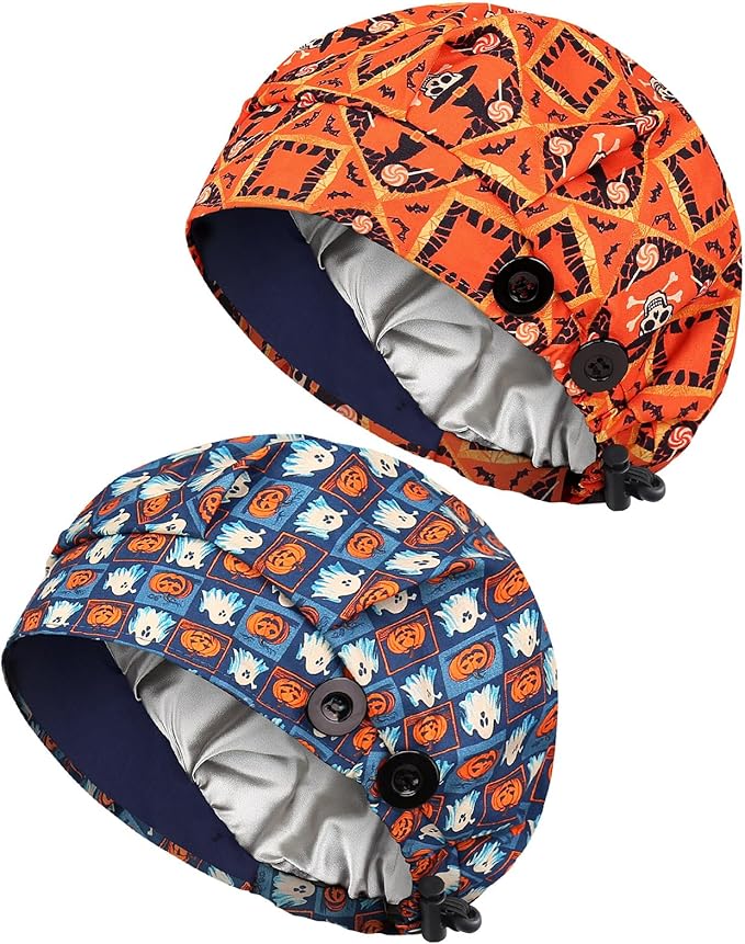 2 Pack Satin Lined Bouffant Scrub Caps with Buttons, Adjustable Scrub Caps for Women Men