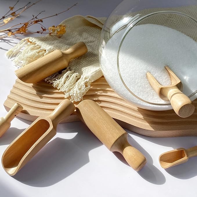 Wooden Scoops 5.5" and 3", 1 standard bath salt scoop and 1 mini scoop, Natural Beech Wood Scoops, the mini is for coffee and laundry, the standard is for Flour, Bath Salt, Sugar, Cereal