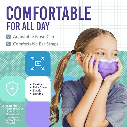 Medtecs Kids Face Mask Disposable - 2 Sizes Option (Child/Youth) 50 PCs - Comfy 3-Ply Breathable Children Masks, the Better & Safer Choice - Child | Lavender