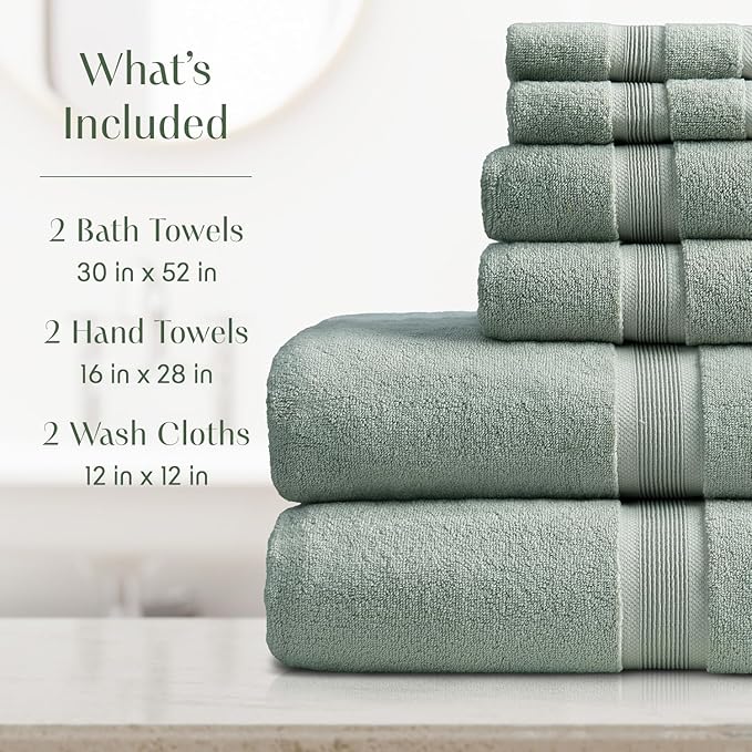 Springtree Home Luxury Bamboo Rayon Bath Towel Set 6 Piece Set | 35% Bamboo Rayon - 65% Cotton | Absorbent Quick-Dry Towels for Bathroom | Oeko-TEX Standard 100 Cotton | Eucalyptus