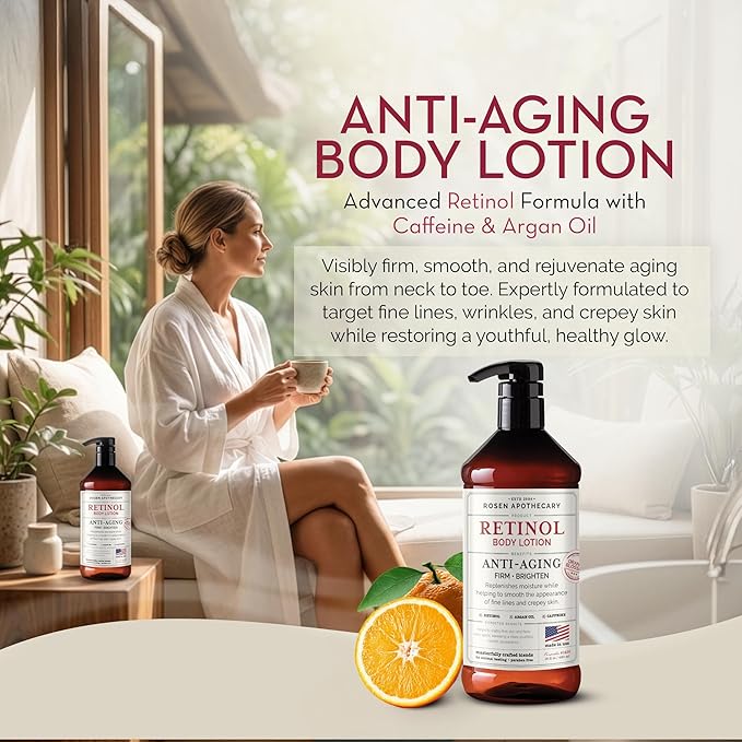 Rosen Apothecary Anti-Aging Retinol Body Lotion for Crepey Skin, Caffeine Firms & Tightens Aging Skin, Boosts Collagen, Restores Youthful Glow, 480ml