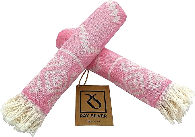 RAY SILVER Aztec Turkish Hand Towels Set of 2 100% Cotton Peshtemal Soft Feel 18 x 36 Light Weight Travel Camping Bath Sauna Beach Gym Pool Blanket Quick Dry Oversized Towel (Pink, Hand Towel)