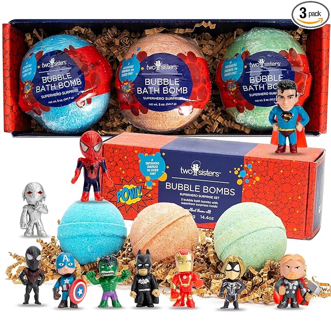 Superhero Bath Bombs for Kids with Surprise Toys Inside (3 Pack) - Large Bubble Bomb for Boys & Girls - Fizzies, Relaxing Aromas, USA Made, Skin-Safe, Stain-Free by Two Sisters