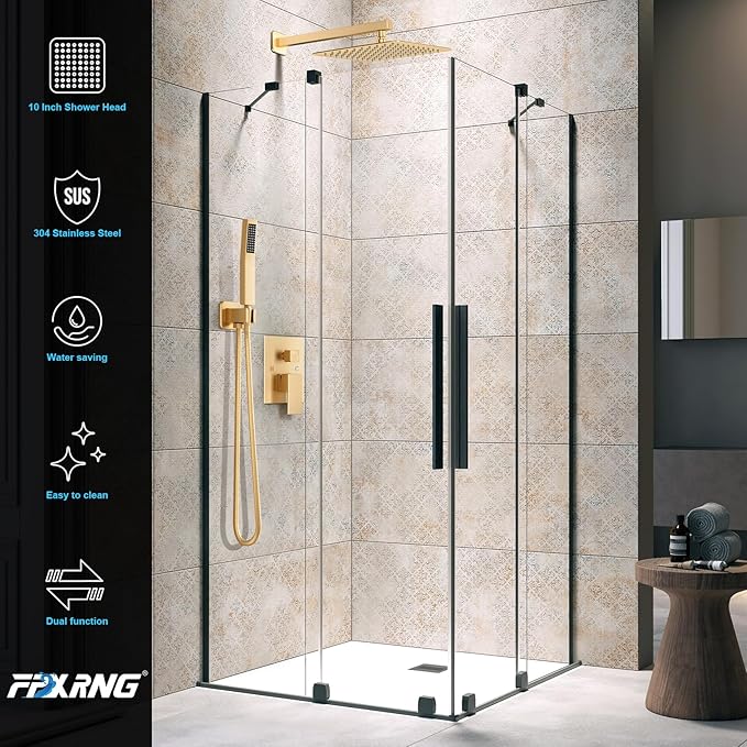 FPXRNG Gold Shower Faucet Set, Rainfall Shower System with Rain Shower Head and Handle Set, Wall Mounted Shower Fixtures, Full Metal Trim Repair Kit 10 inch Paint Gold (With Shower Valve)