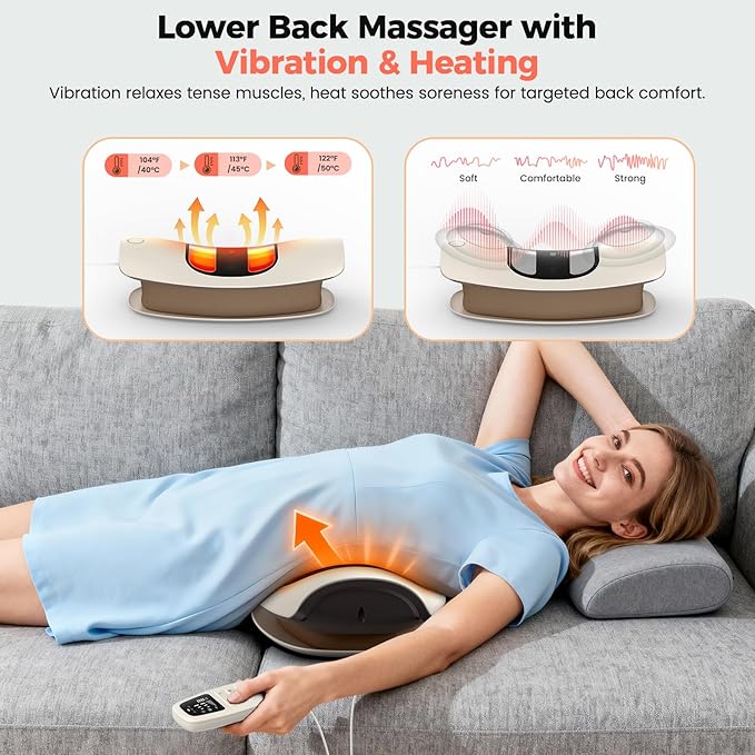 Lower Back Massager with Heat, Back Stretcher for Lower Back Pain Relief and Decompression, Spine-Smoothing Quadruple Fusion Back Massager, Lumbar Traction Device with Rocking Stretch & Height Adjust