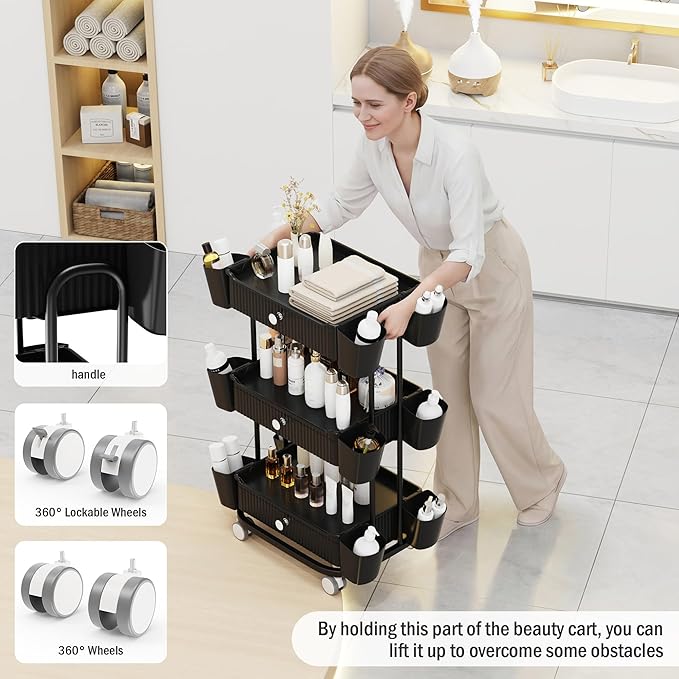 3 Tier Drawer Shelf Beauty Cart with 12 Movable Storage Organizer, Thickened Durable ABS, 360° Wheels for Salon Station for Hair Stylist, Beauty Salon, Spa Massage Parlor, Makeup Organizer - Black