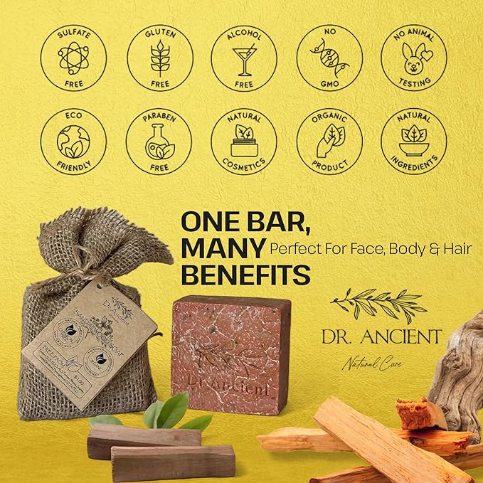 Dr.Ancient Sandalwood Soap Bar, Organic Soap Bars Handcrafted the Traditional Way, Natural Chemical-Free, Vegan, Used for Face Wash, Body Wash, and Hand Cleansing, Moisturizing, Nourishing Care