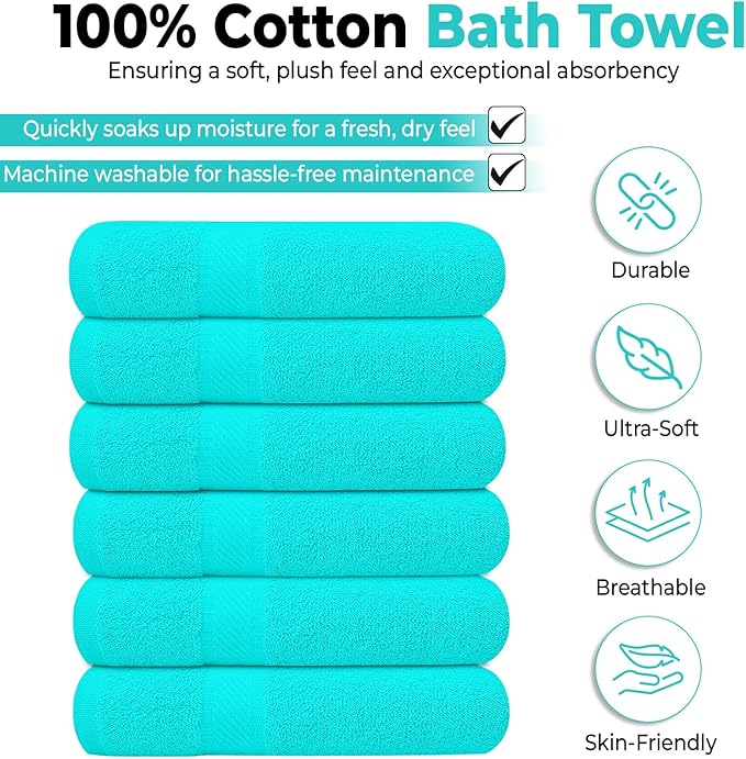 KAHAF COLLECTION 6 Pack Bath Towels Set (27 x 54 Inches) 100% Ring Spun Cotton, Lightweight, Quick Dry, Highly Absorbent Towels (Aqua, (27x54) Inches)