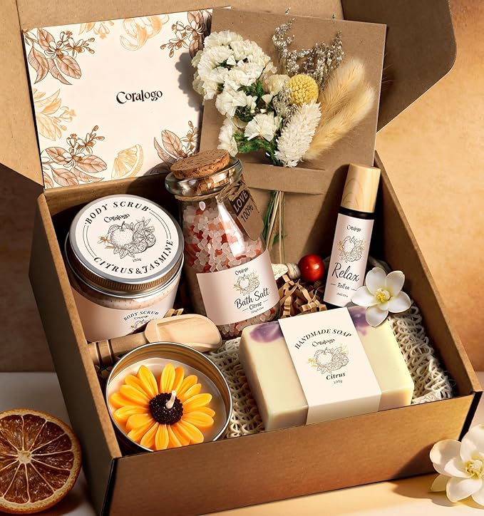 Coralogo Spa Gift Basket for Women - Natural Spa Gift Package Citrus Jasmine Scent Bath and Body Works Selfcare Relaxing Thinking of You Gift Set for Wife Mom Her on Mothers Day Birthday All Occasion