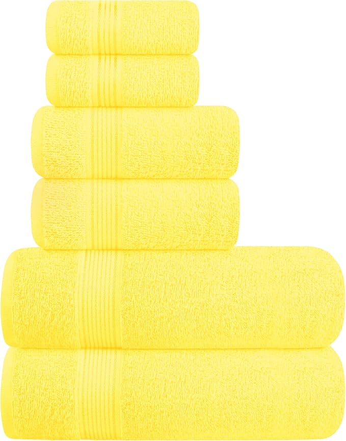Elvana Home Ultra Soft 6 Pack Cotton Towel Set, Contains 2 Bath Towels 28x55 inch, 2 Hand Towels 16x24 inch & 2 Wash Coths 12x12 inch, Ideal for Everyday use, Compact & Lightweight - Yellow