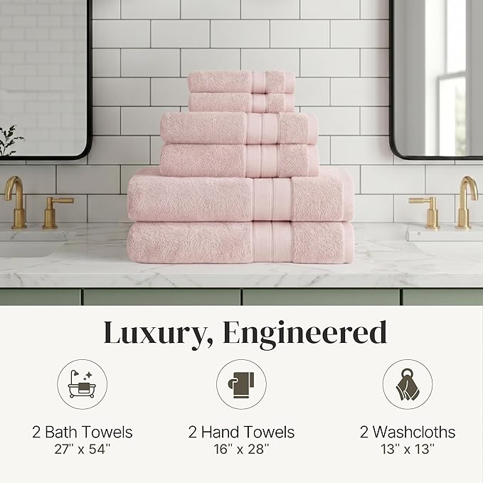 Modern Threads - Spun Loft 6-Piece 100% Combed Cotton Towel Set - Bath Towels, Hand Towels, & Washcloths - Super Absorbent & Quick Dry - 600 GSM - Soft & Plush, Blush