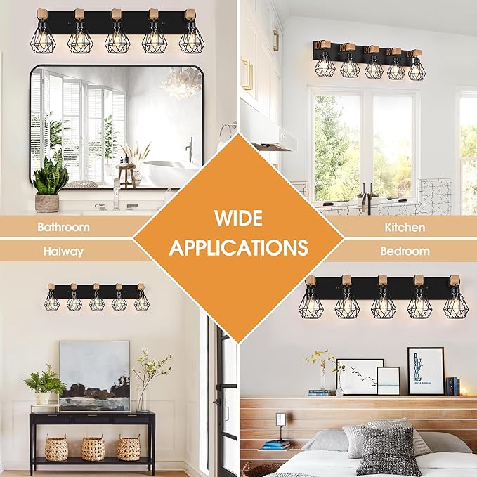FadimiKoo 5-Light Farmhouse Wood Wall Sconces Lighting, Black Vanity Lights Over Mirror with Metal Cage Lampshade, Rustic Bathroom Wall Mounted Lamp for Mirror, Living Room, Bedroom, Hallway