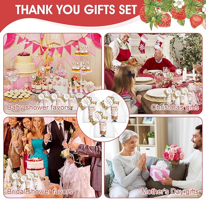 KONEUK 50 Pack Bulk Hand Cream Gifts Sets, Baby Shower Favors and Bridal Shower Favors for Guests with Thank You Card and Organza Gift Bags, Appreciation Gifts, Wedding Party Favors (Strawberry)