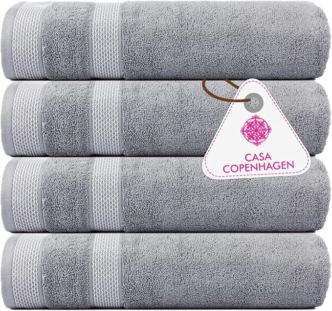 CASA COPENHAGEN Solitaire 4Pcs 100% Egyptian Cotton Large Designer Towels Gift Set- Grey, 600 GSM, 55"x27", 4Bath Towels for Bathroom (Box Pack, Set for Women & Men)