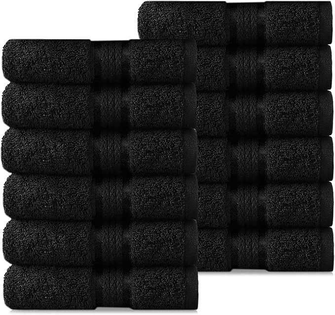 COTTON CRAFT Ultra Soft 12 Pack Wash & Face Cloths 12x12 - Highly Absorbent Bathroom Shower Kitchen Utility Towels - Use Everyday - Easy Care Machine Wash - Premium Ringspun Cotton 580 GSM - Black