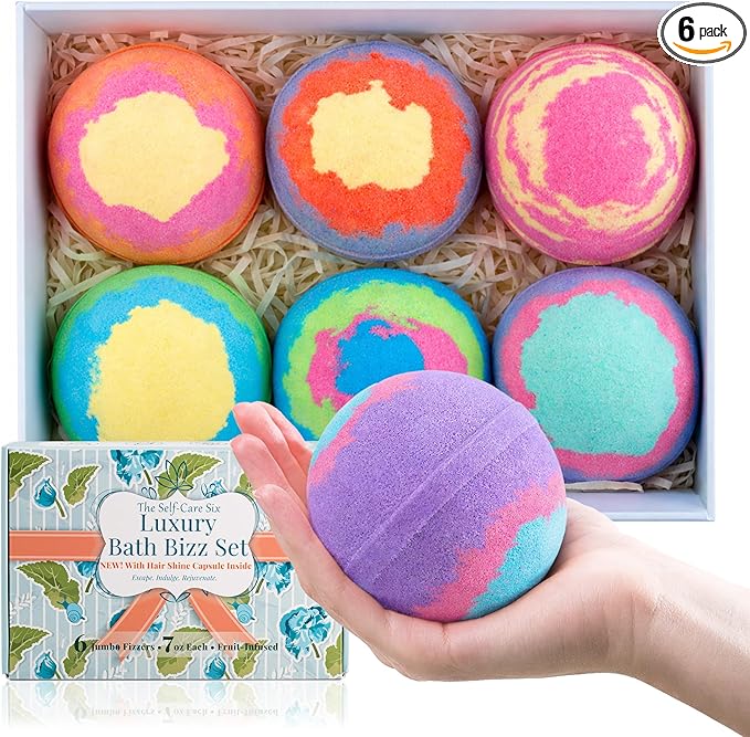Bath Bombs for Women – Jumbo 7oz Bathbomb Set, 6 Extra Large Fizzies, Colorful Spa Soak, Self Care & Mothers Day Gift for Mom, Wife, Girlfriend