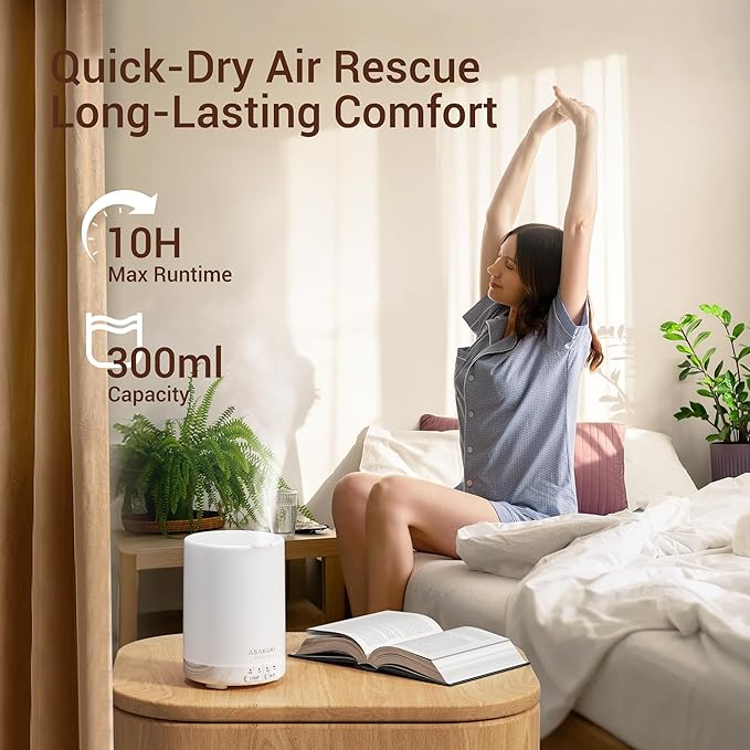 ASAKUKI Essential Oil Diffuser for Home, 300 ml Humidifier with Automatic Shut-Off, Quiet Aromatherapy Diffuser with 7 LED Lights for Living Room, Kitchen, Bedroom, Hotel, Gift for Mom - White Wood