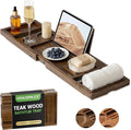 Venusmiles Teak Bathtub Tray Caddy, Foldable Bath Tray with Expandable Handles, Wine Glass and Phone Holders, Book Stand, for Home Spa Relaxation, Luxury Bathroom Accessories - Dark Walnut Color