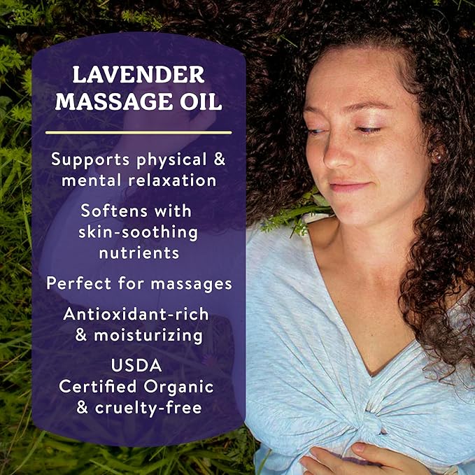 Badger Lavender Massage Oil, 100% Organic Massage Oil, Relaxing & Moisturizing Pure Aromatherapy Oils of Lavender, Bergamot & Balsam Fir, 4 fl oz Glass Bottle