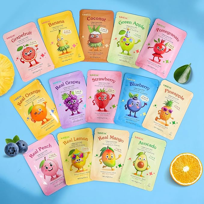 KONEUK 28 Pack Fruit Face Masks Skincare for Kids Girls, Sheet Collagen Face Mask for Women Skin Care, Bulk Hydrating Facial Mask for All Skin Types, Mothers Day Gifts and Party Spa Gifts for Teens