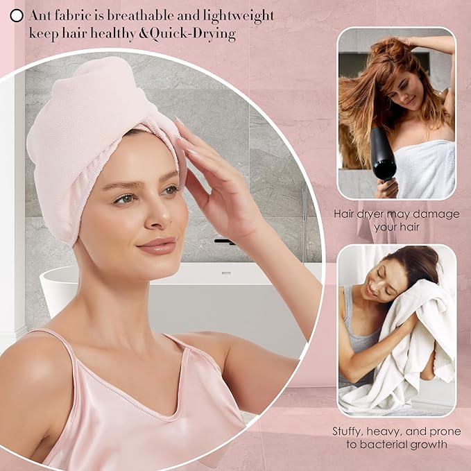 Hair Towel Wrap 2 Pack for Women,Super Absorbent Ant Cloth Fabric Hair Drying Turban Towel, Quick Dry Hair Towels with Buttons for Long Wet Curly Hair. (Pink)