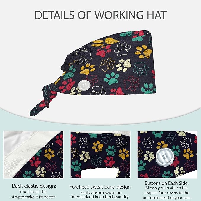 2 Pcs Working Cap with Sweatband for Women Men, Adjustable Cleaning Working Hats, Nurse Surgical Caps