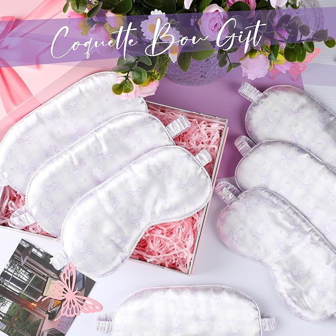 Honeydak 12 Pcs Silk Sleep Masks for Women Girls Purple Bow Party Favors Adjustable Eye Masks for Birthday Sleepover Spa Sweet 16 Party Gifts