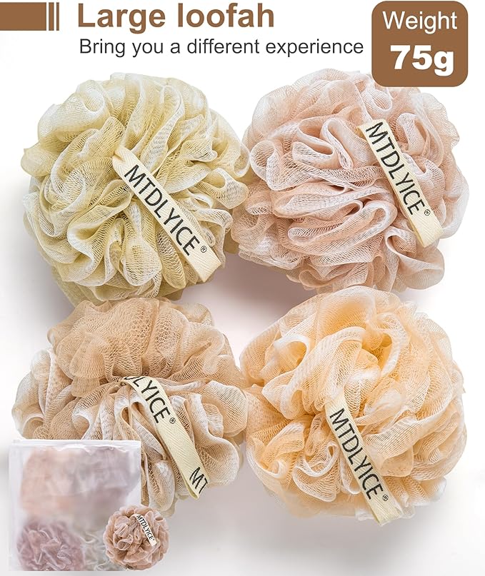 MTDLYICE Loofah Sponge, XL Large Loofah 75g 4 Pack, Bath Sponge Soft Mesh Shower, Body Scrubber, Loofah for Men, Bath Accessories Body wash Foaming (Beige)