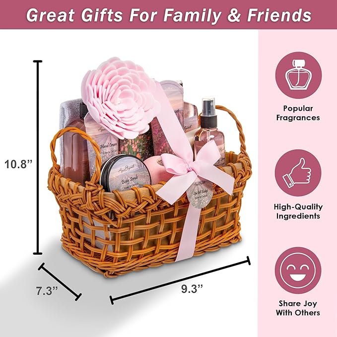 Aqua Elegante Spa Basket For Women - Deluxe Bath Set with Wash, Bubble Bath, Lotion, Salts, Body Scrub, Towel, Shower Puff, Bathbombs, Reusable Basket, Gifts for Mom, Wife, Her - Rose Oil & Orchid