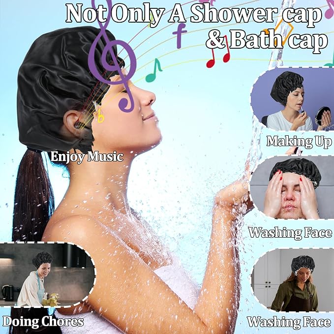 Ymapinc Reusable Shower Caps for Women Waterproof Hair Shower Cap Adjustable Hair Cover for Shower Large Black Layer Shower Bonnet for Girls Spa Home Salon Use