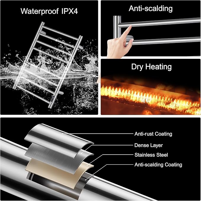 Towel Warmer Bathroom Wall Mounted Drying Rack Plug-in Electric Heated Towel Rack Stainless Steel Brushed Timer & Temperature Control 8 Bar