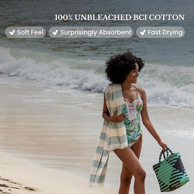 Lightweight Turkish Beach Towel - 100% BCI Cotton, Unbleached Raw Fringe, Oeko-TEX Certified, Absorbent, Eco-Friendly, 36x66”, Sea Green & Natural Stripes, Portable Sarong Blanket for Pool, Travel