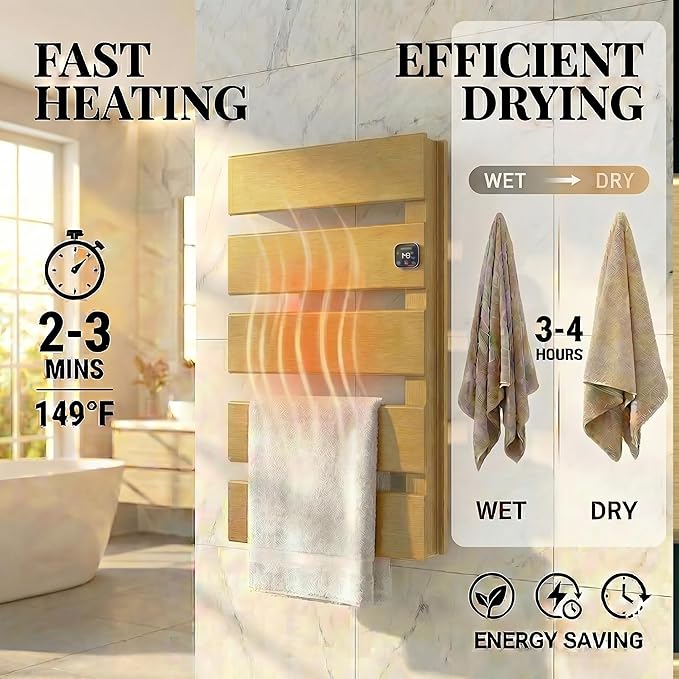 Electric Towel Warmer, Heated Towel Rack with Thermo Control and Timer, Fast Heating Towel Rail for Bathroom with Memroy Function, Work with Smart Plug, Right-Wiring, 5 Panel, Gold