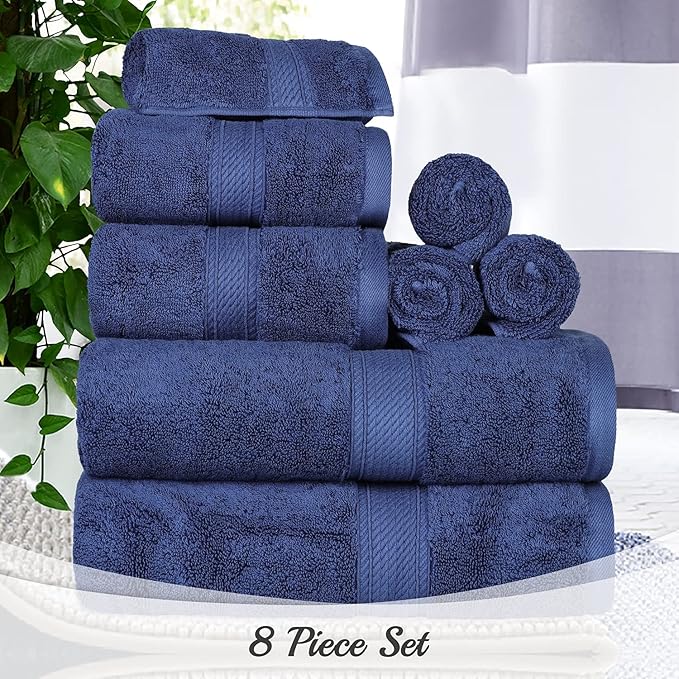 SUPERIOR Egyptian Cotton Pile 8 Piece Towel Set, Includes 2 Bath, 2 Hand, 4 Face Towels/Washcloths, Ultra Soft Luxury Towels, Thick Plush Essentials, Guest Bath, Spa, Hotel Bathroom, Navy Blue
