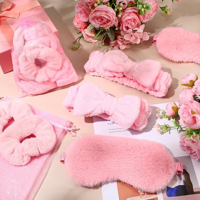 Mimorou 48 Pieces Spa Party Supplies Gift for Mother's Day 12 Spa Headband 12 Plush Sleep Eye Mask 12 Velvet Scrunchies 12 Organza Bags for Sleepover Slumber Party Graduation Gift(Pink)