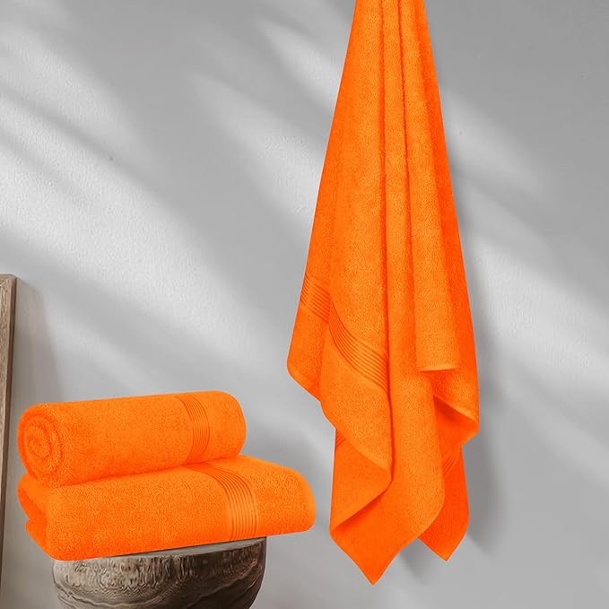BELZZI Home Ultra Soft 4 Pack Oversized Bath Towel Set 27x54, Cotton Compact Bath Towels, Highly Absorbant Eco-Friendly Quickdry & Lightweight Towel, Ideal for Gym Travel Camp Pool - Orange