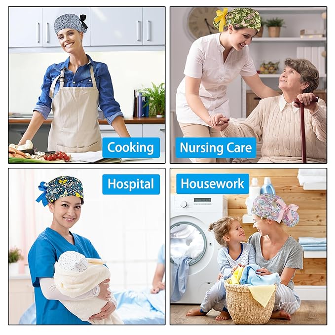 Scrub Caps Women Bouffant Scrub Hats Caps Nurses, Adjustable Working Cap Ponytail Pouch Tie Back Hats
