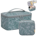 OCHEAL Makeup Bag Set, Portable Travel Makeup Bags Cosmetic Organizer Bag for Women Cute Floral Cosmetic Pouch Large Capacity Make up Bag PU Leather Toiletry Bags with Divider and Handle-Blue