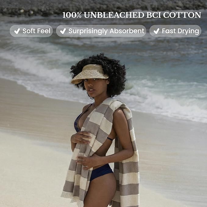 Lightweight Turkish Beach Towel - 100% BCI Cotton, Unbleached Raw Fringe, Oeko-TEX Certified, Absorbent, Eco-Friendly, 36x66”, Brown & Natural Stripes, Portable Sarong Blanket for Pool, Travel