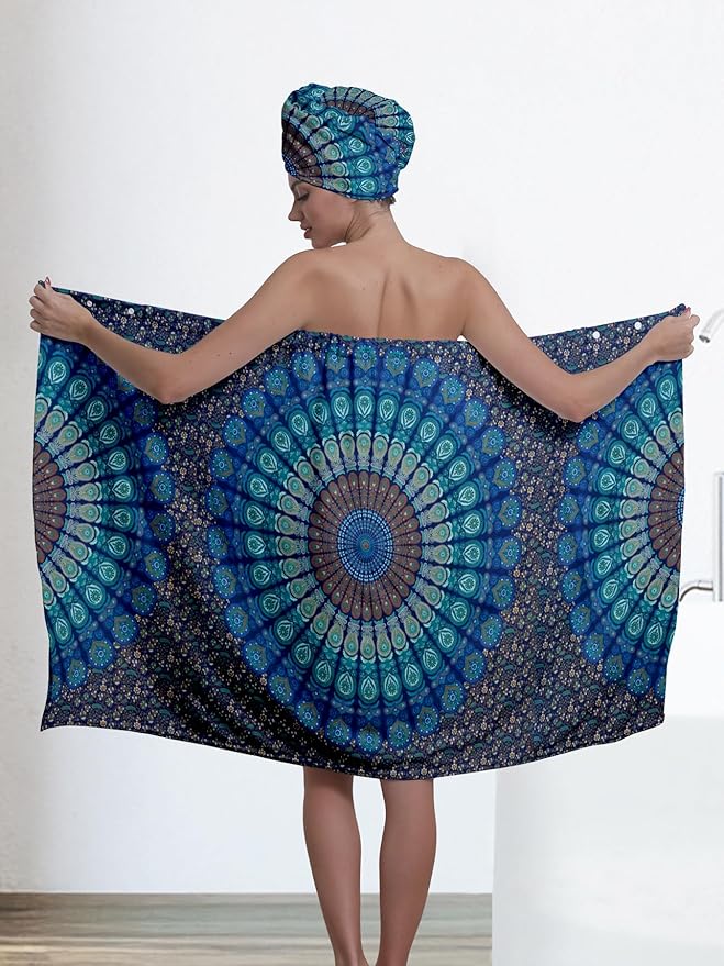 Women's Spa Bath Towel Wrap Set with Hair Turban, Blue Peacock Mandala Pattern, 31.5x59 Inches