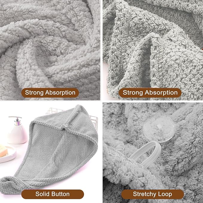 Microfiber Hair Towel Wrap, 3 Pack (Gray) Soft Hair Drying Towel,Shower Cap & Hair Accessories for Woman,Drying Hair Wrap Towels for Curly Hair Women Anti Frizz