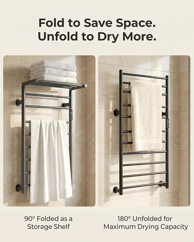 Foldable Heated Towel Rack, Dual-Zone Electric Towel Warmer Rack with Timer, GFCI Plug-in or Hardwired, Wall-Mounted, Drill-Free Installation, Twilight Grey, CA3-1100X550-Standard-TG