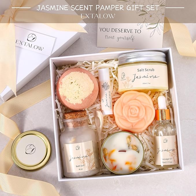 EXTALOW Spa Gifts for Women Mothers Day Gifts Jasmine Bath Gift Baskets Relaxing Self Care Gift for Mom Girlfriend Sister Wife Auntie Home Bath Care Package Thank You Birthday Gift Friendship