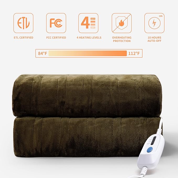 JET'S HOME Heated Blanket Full 72"x84" - ETL&FCC Certified Flannel Electric Blanket Machine Washable Heating Blanket with 4 Heating Levels 10 Hours Auto-Off Overheating Protection (Pinecone)