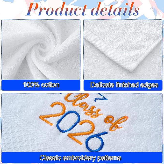 MASHAN Class of 2026 Graduation Hand Towels 3 Pack,100% Cotton Soft Absorbent Bathroom Towels,Senior 2026 Graduation Gift for Girls Boys,Blue Orange Decorative Towels 14x30 Inch